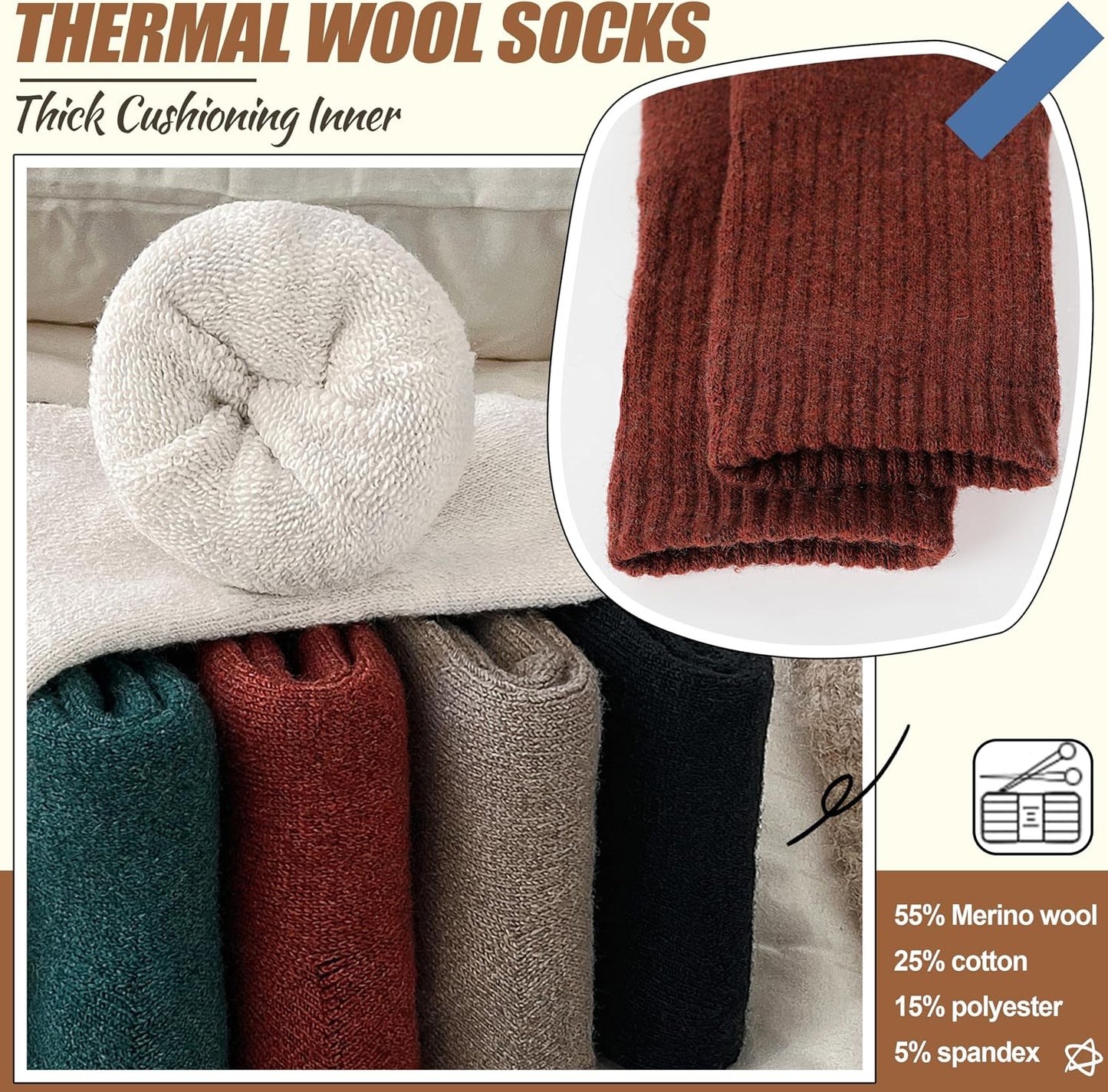 EBMORE 5 Pairs Women Merino Wool Boot Socks Warm Thermal Winter Thick Hiking Cozy Cabin Crew Comfy Socks for Ladies