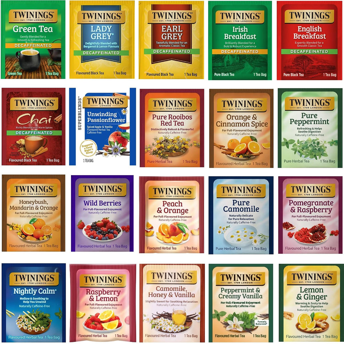 Twinings Herbal & Decaf Tea Variety Pack - Decaf Tea Sampler - Individually Wrapped Herbal Tea Bags, Green Decaf, Lady Grey Decaf, Earl Grey Decaf, Pure Peppermint, Camomile, Rooibos Red, Honeybush Mandarin Orange, Plus 13 More Flavors (Decaf, 1 Count