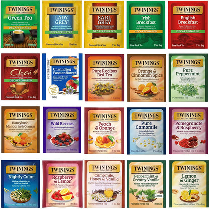 Twinings Herbal & Decaf Tea Variety Pack - Decaf Tea Sampler - Individually Wrapped Herbal Tea Bags, Green Decaf, Lady Grey Decaf, Earl Grey Decaf, Pure Peppermint, Camomile, Rooibos Red, Honeybush Mandarin Orange, Plus 13 More Flavors (Decaf, 1 Count