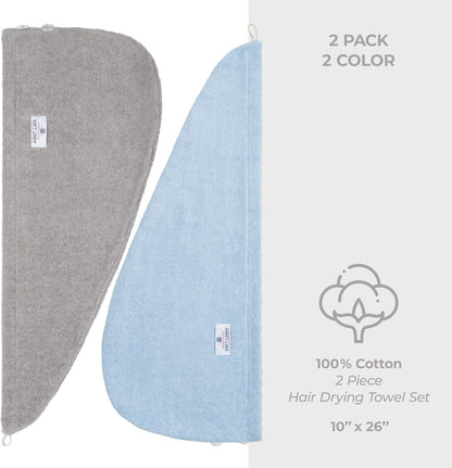 American Soft Linen 100% Cotton Hair Towels for Women, Head Towel Cap, Cotton Hair Turban Towel Wrap for Long Curly Anti Frizz Hair, Soft and Absorbent Cotton Hair Towels 2 Pack, White
