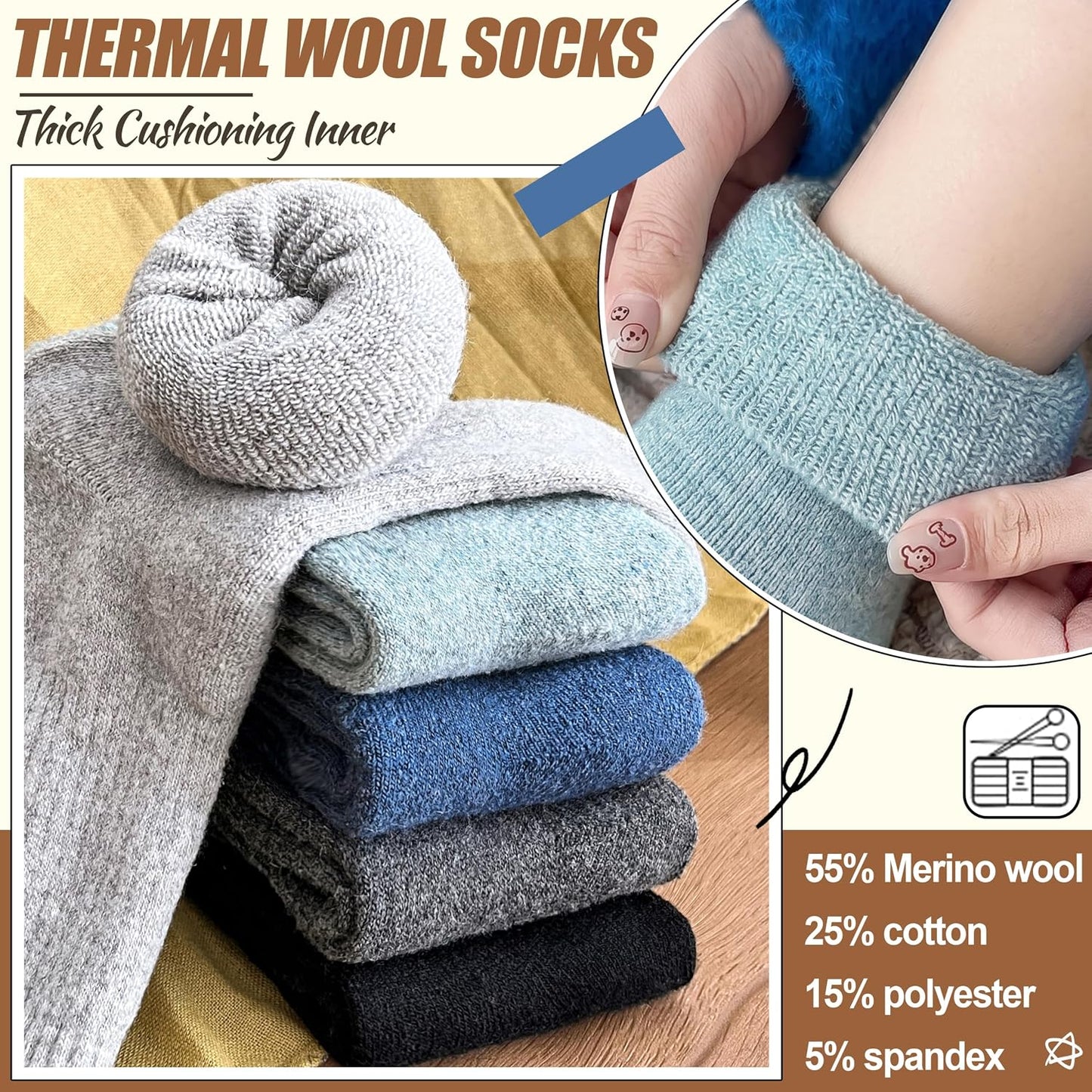 EBMORE 5 Pairs Women Merino Wool Boot Socks Warm Thermal Winter Thick Hiking Cozy Cabin Crew Comfy Socks for Ladies