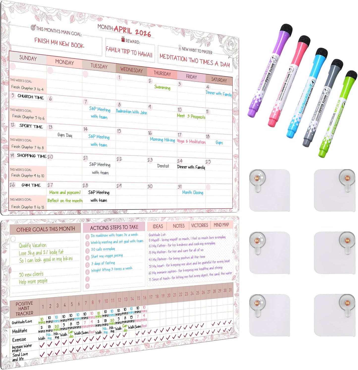 Magnetic Whiteboard for Fridge - Large Dry Erase Calendar for Wall | 2 Magnetic Dry Erase Board 10.5" x 16.5" & 7" x 16.5", Monthly Goal Setting & Habit Tracker, 5 Markers and 6 Adhesive Hooks