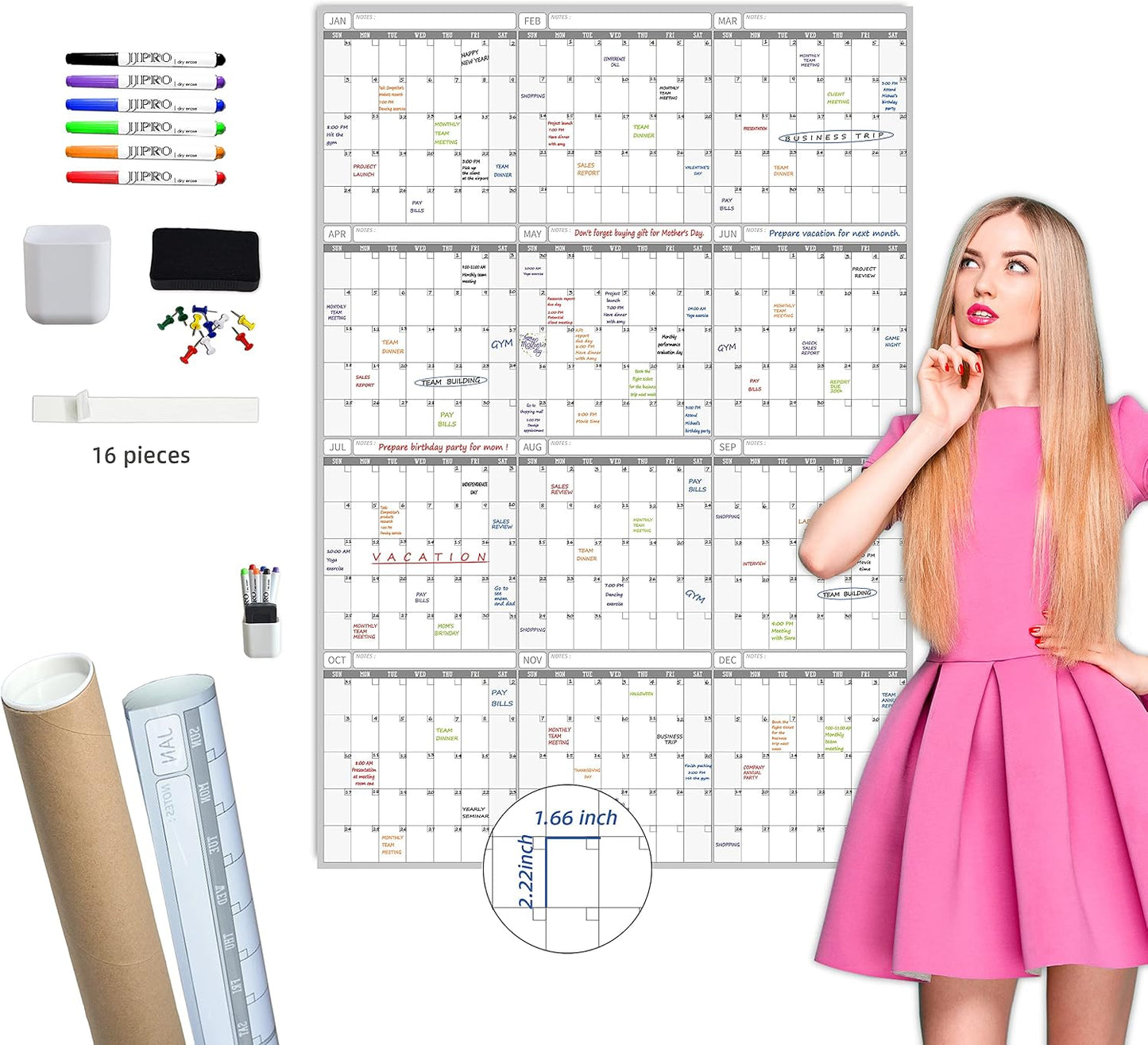 Dry Erase Wall Calendar - 38x26 Inches - Blank Undated Yearly Calendar - Whiteboard Premium Laminated Planner - Reusable Laminated Office Jumbo 12-Month Calendar (Vertical)