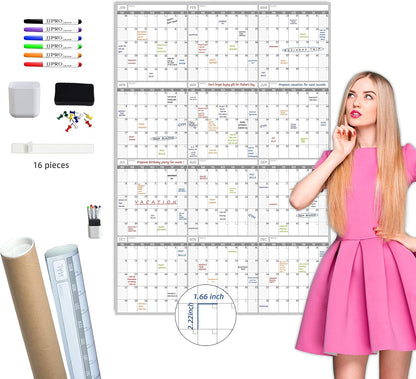 Dry Erase Wall Calendar - 38x26 Inches - Blank Undated Yearly Calendar - Whiteboard Premium Laminated Planner - Reusable Laminated Office Jumbo 12-Month Calendar (Vertical)