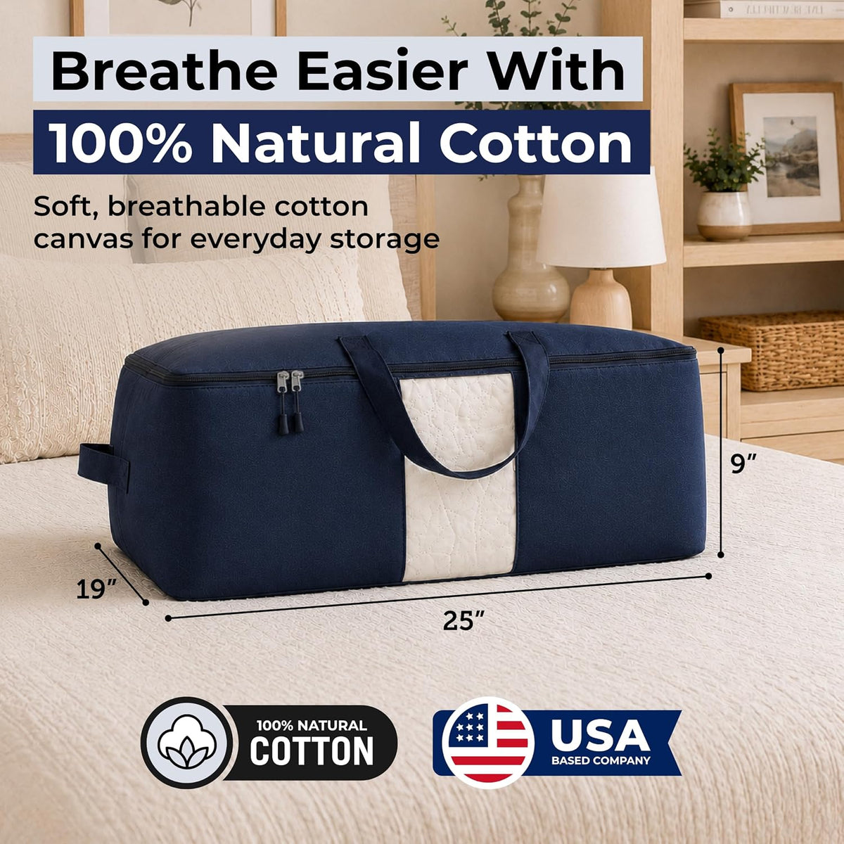 Soft Canvas Storage Bags with Zipper. Thick Breathable, 2pc King/Queen Comforter Organizer. Four Carrying Handles and Window. Large 25x19x9in Bag for Sheets Blankets Bedding Pillows, Clothes