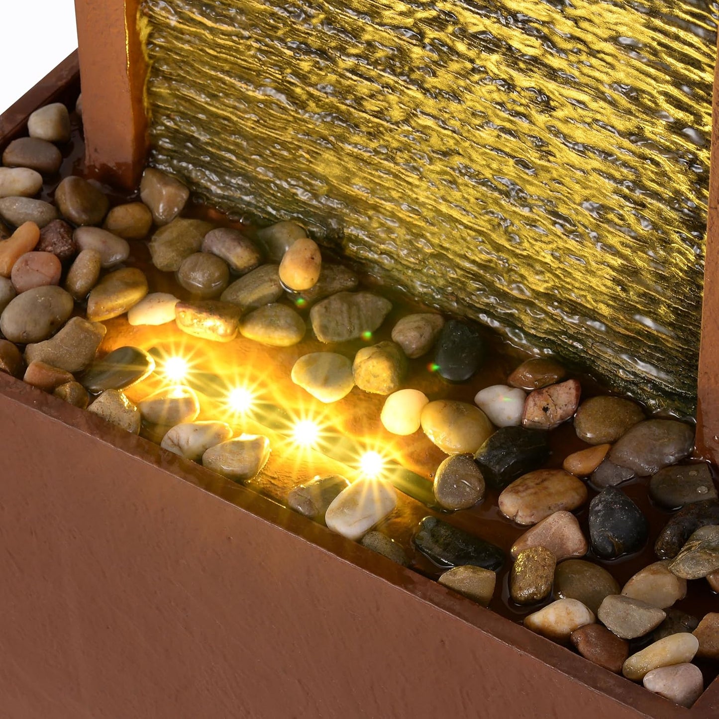 Teamson Home 38.58 in. Modern Curved Faux Slate Waterfall Fountain for Indoors or Outdoors with LED Light Accents and 1.98-Gallon Pump, Black and Stone Gray | Freestanding Floor Garden Waterfall, LED Lights, Weatherproof Polyresin, For Patio & Yard