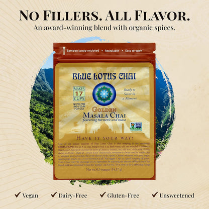 Blue Lotus Chai - Golden Masala Flavor Chai - Makes 100 Cups - 3 Ounce Masala Spiced Chai Powder with Organic Spices - Instant Indian Tea No Steeping - No Gluten