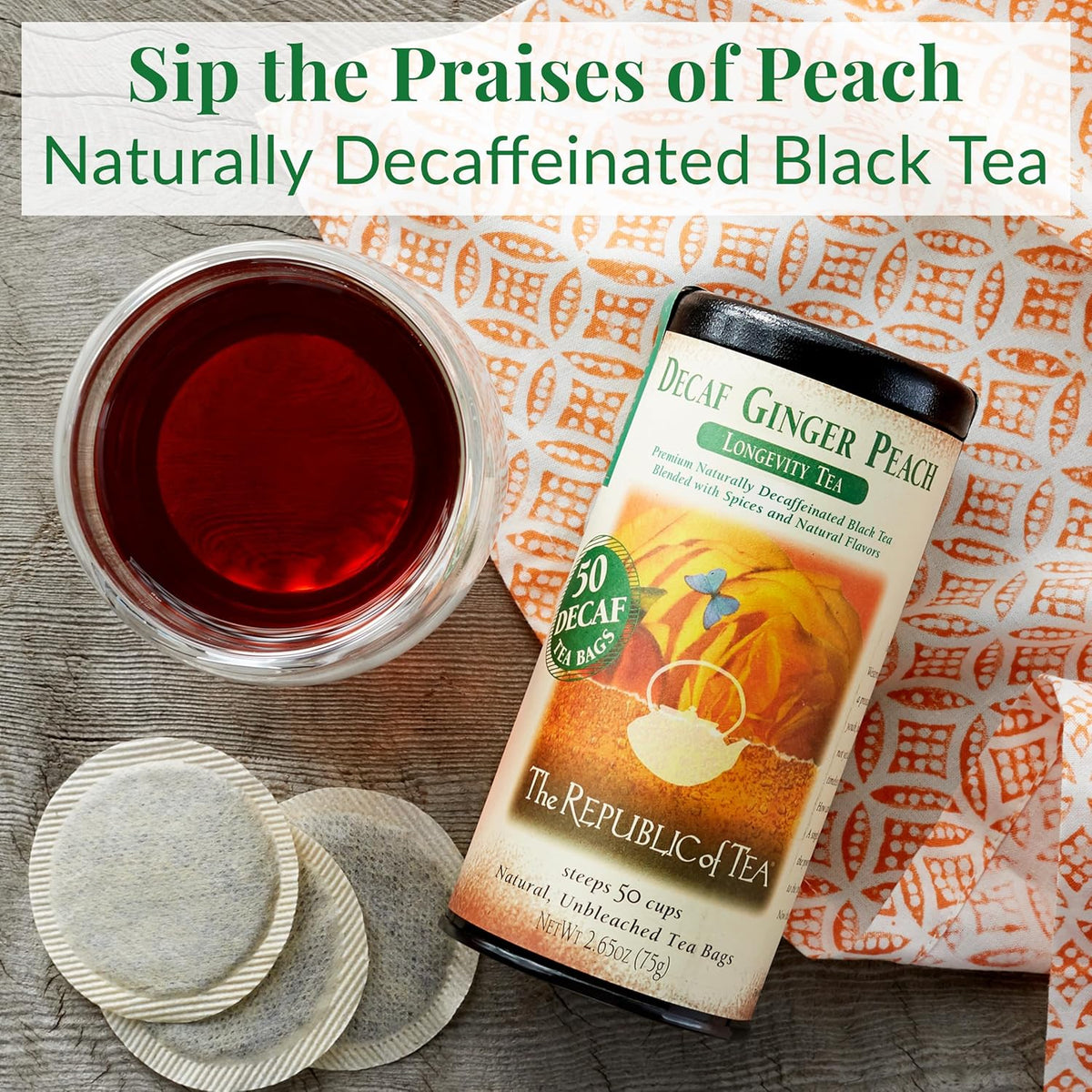 The Republic of Tea Decaf Ginger Peach Black Tea, 50 Count