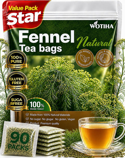 WOTIHA 90 Count Organic Premium Fennel Tea Bags - 100% Natural & Pure Herbal Tea, Supports Digestion & Reduces Bloating, Caffeine-Free, Sugar-Free, Gluten-Free, Vegan.Non-GMO