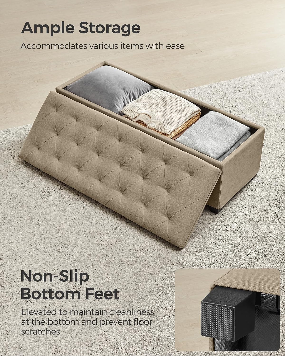 SONGMICS Storage Ottoman Bench, Foot Rest with Legs, 15.7 x 43.3 x 15.7 Inches, End of Bed Bench, Storage Chest, Load up to 660 lb, for Living Room, Bedroom, Entryway, Dark Gray ULSF088G01