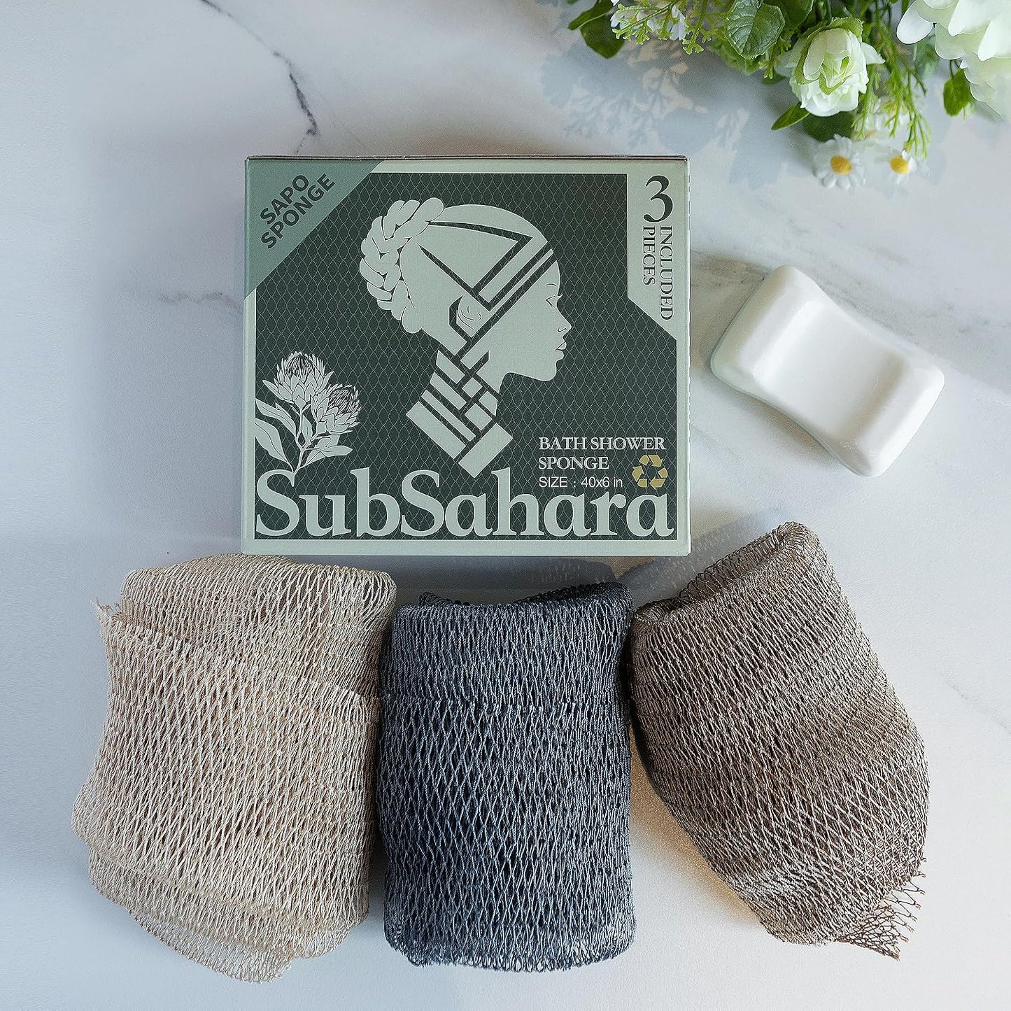 SubSahara Authentic African Net Sponge - 2 Pack Exfoliating Bath & Shower Loofah Sponge for Body & Face, Gentle Scrubber for All Skin Types, Travel, Durable Polyester (Olive Green & Light Green)