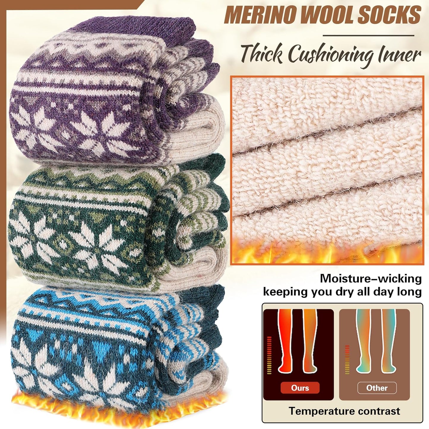 EBMORE Merino Wool Socks for Women Hiking Thermal Warm Winter Thick Boot Cozy Crew Comfy Work Socks for Ladies 5 Pairs