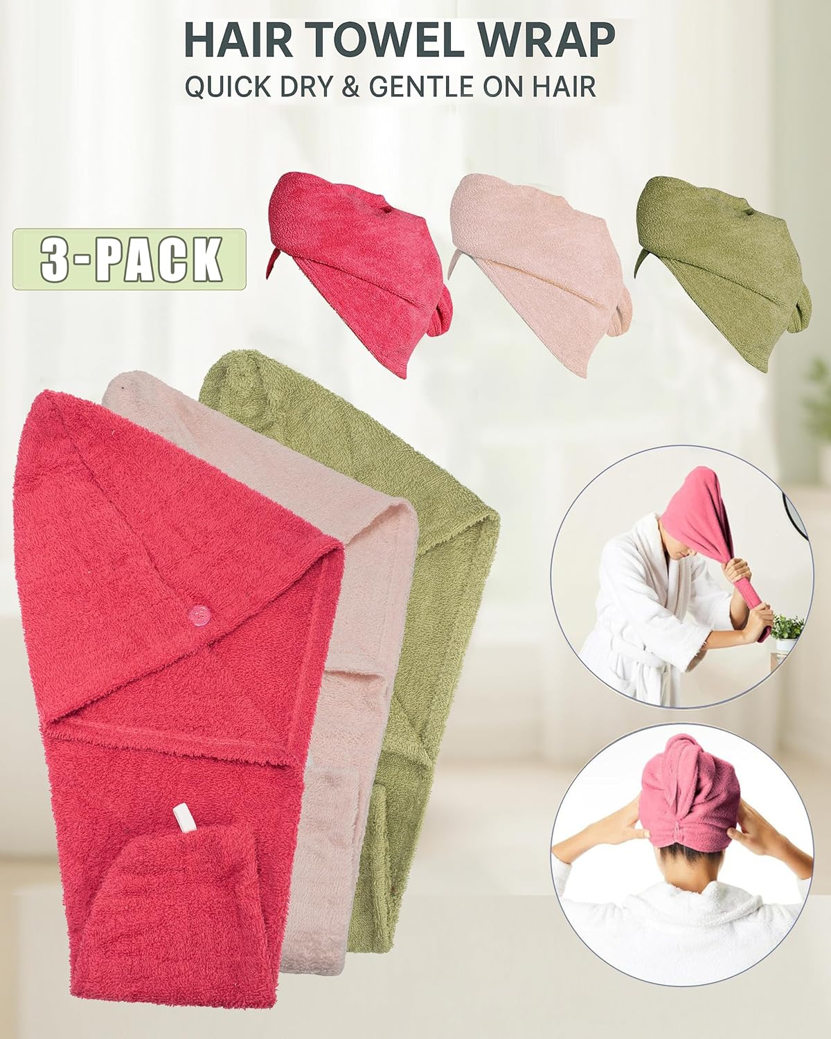 Textila 100% Cotton Hair Wrap Towels for Women (Pack of 2, Raspberry & Green) – Soft & Absorbent Turban Towels for Long, Curly, Frizz-Prone Hair