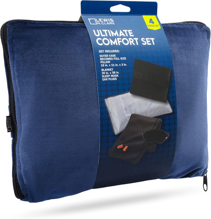 Lewis N. Clark Ultimate Comfort Set + Portable Travel Kit for Airplane, Includes Inflatable Pillow + Zippered Carrying Case, Cozy Fleece Blanket, Eye Mask for Sleeping & Foam Ear Plugs, Black