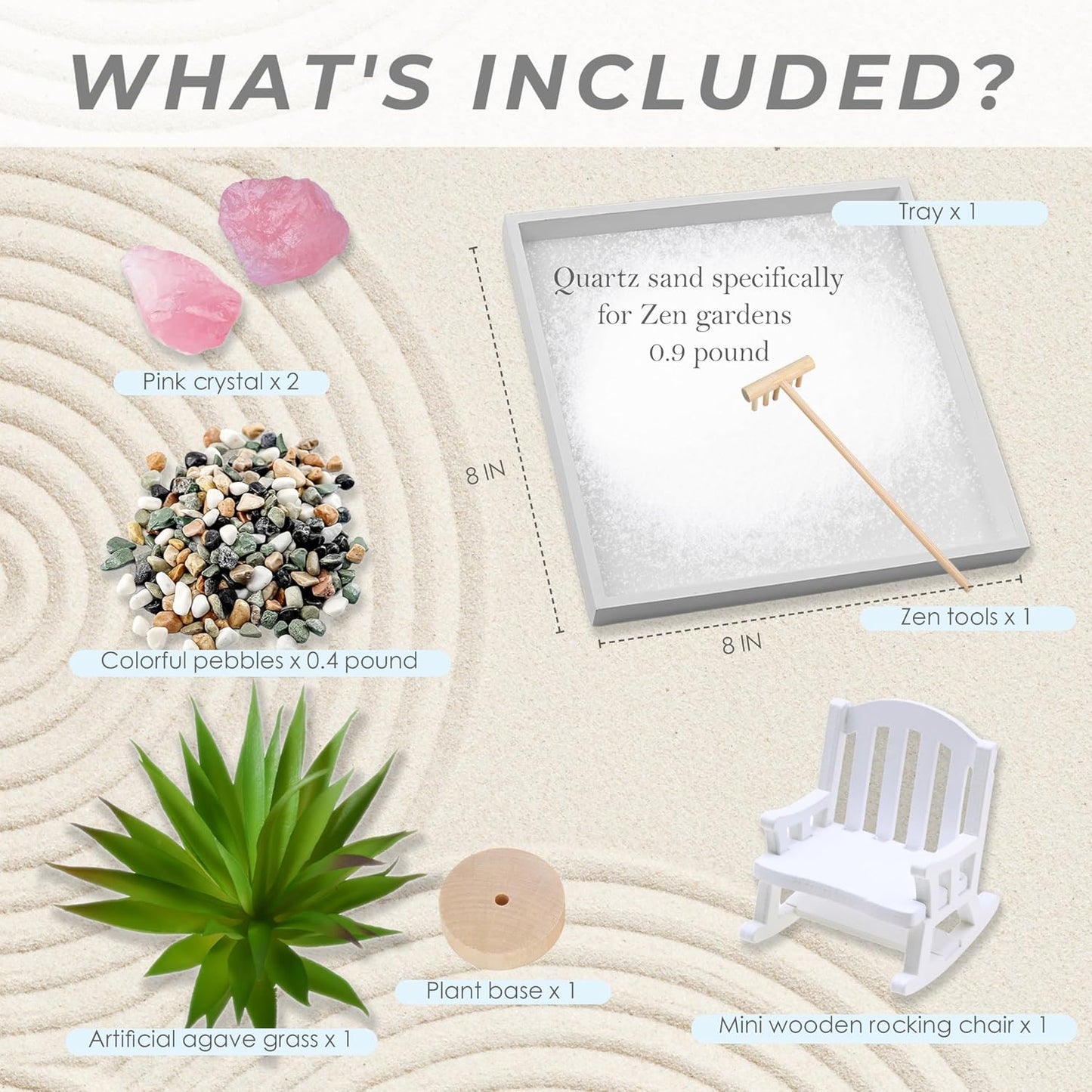 Zen Garden for Desk – White Modern Style with Healing Crystals and Sand Rake, Perfect for Home, Office, and Desktop Decor, Meditation and Stress Relief