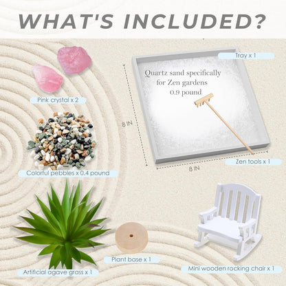 Zen Garden for Desk – White Modern Style with Healing Crystals and Sand Rake, Perfect for Home, Office, and Desktop Decor, Meditation and Stress Relief