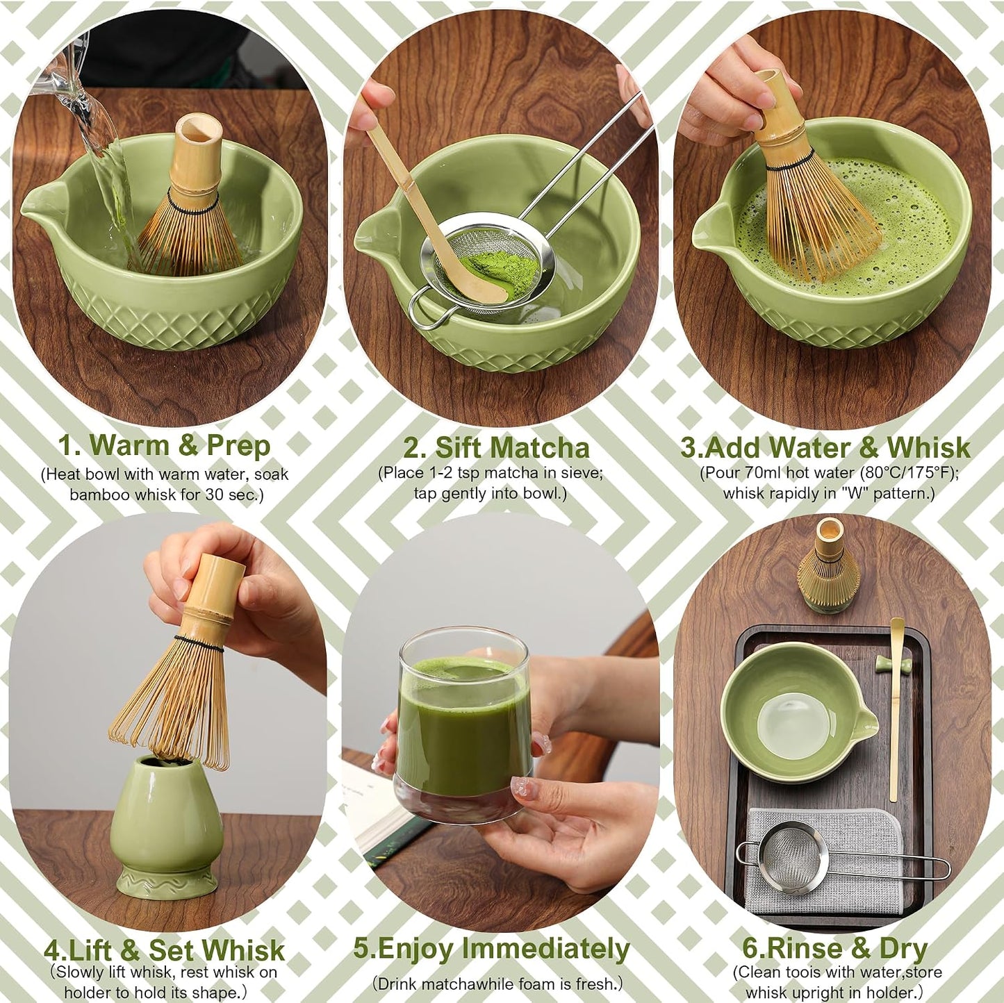 Matcha Whisk Set, 7 Pcs Matcha Kit, Ceramic Matcha Set Includes Matcha Bowl with Spout, Matcha Whisk and Holder, Bamboo Scoop, Scoop Rest, Sifter and Tea Towel (Ceramic White)