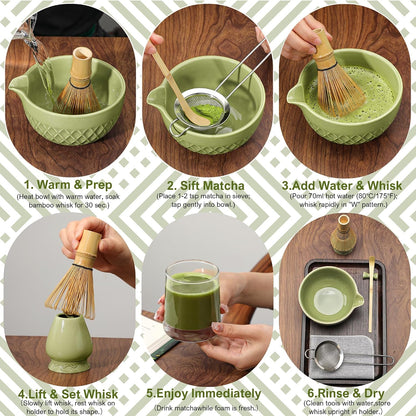 Matcha Whisk Set, 7 Pcs Matcha Kit, Ceramic Matcha Set Includes Matcha Bowl with Spout, Matcha Whisk and Holder, Bamboo Scoop, Scoop Rest, Sifter and Tea Towel (Ceramic White)