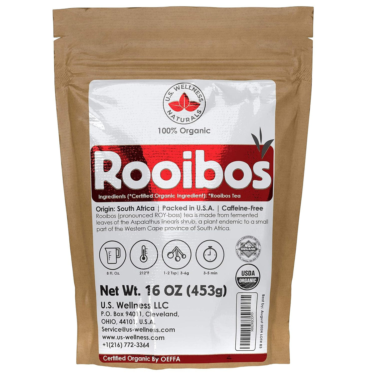 Rooibos Tea 1LB (16Oz) 100% CERTIFIED Organic (USDA seal) | Red Rooibos Loose Leaf Tea | South African Red Bush Herbal Tea| (200+ CUPS) | Non-GMO | Keto Friendly