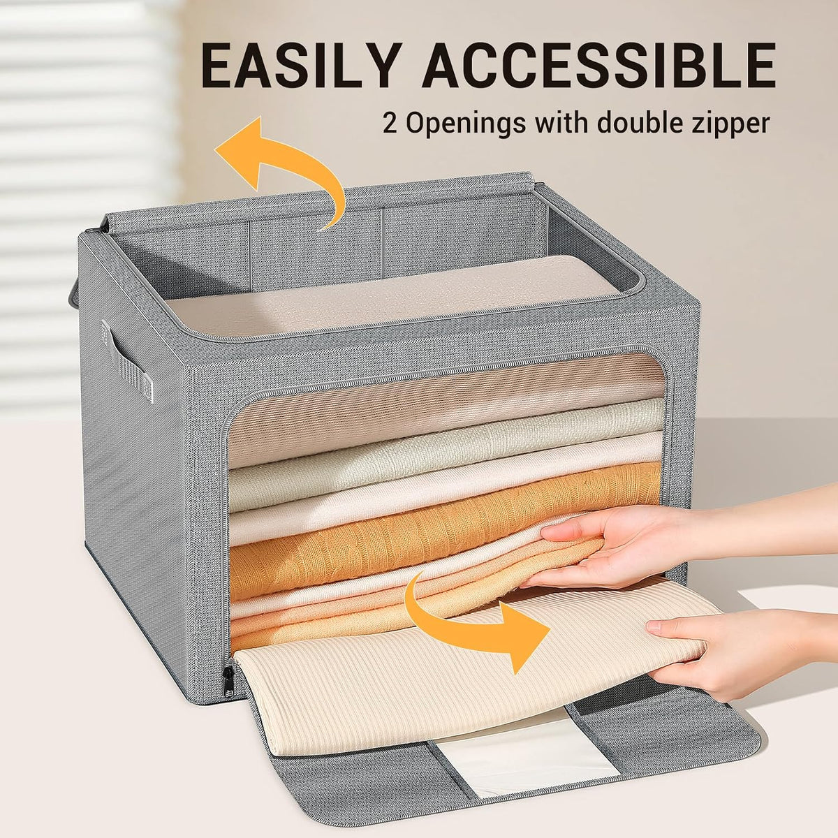 Clothes Storage Bins with Metal Frame Foldable Storage Box Clothes Organizers Storage Containers for Clothes Sheets Blankets Books Toys Gifts and Holiday Decorations (66Lx3 Pack)