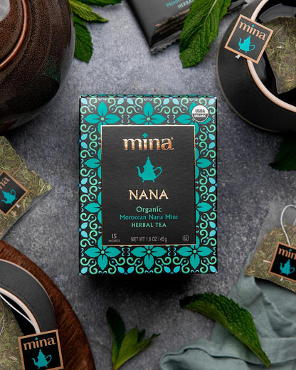 Mina Nana Organic Moroccan Mint Herbal Tea, 15 Biodegradable Sachets - Refreshing Moroccan Mint Tea Bags, Herbal Tea, Caffeine-Free Tea Bags