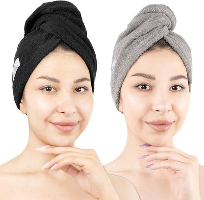 American Soft Linen 100% Cotton Hair Towels for Women, Head Towel Cap, Cotton Hair Turban Towel Wrap for Long Curly Anti Frizz Hair, Soft and Absorbent Cotton Hair Towels 2 Pack, White