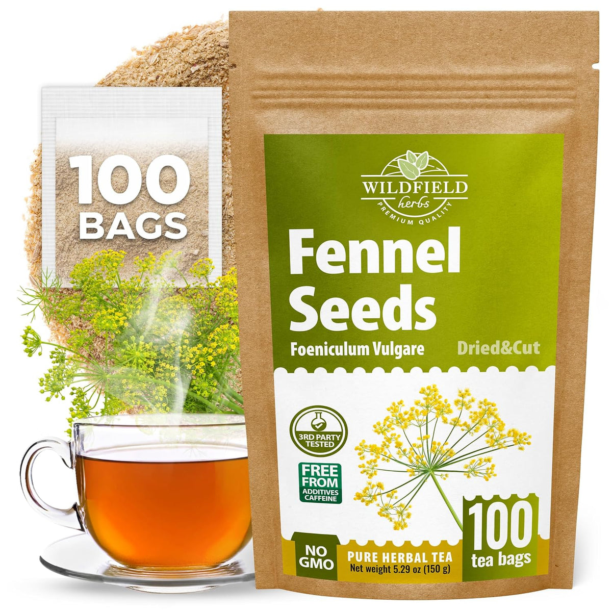 100 Bags Fennel Tea Fennel Seed Tea Herbal (Foeniculum Vulgare) - 100 Count 1.5g Bags Herb Hinojo