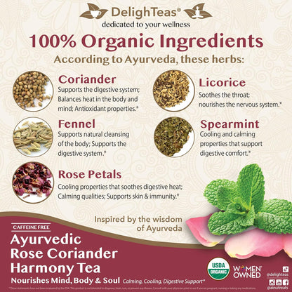 DelighTeas Organic Rose Coriander Harmony Tea | Ayurvedic Loose Leaf Herbal Tea | 60 Servings, 3oz. | Caffeine-free, Sugar-free, Non-GMO, Keto, Vegan | Calming, Cooling Digestive Support