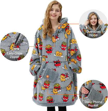 Giggling Getup Wearable Blanket Hoodie for Adults Gifts for Teen Girls Sister Women Sherpa Fleece Printed Hooded Blanket Sweatshirt Warm Cozy with Pocket & Sleeves Beige Cat