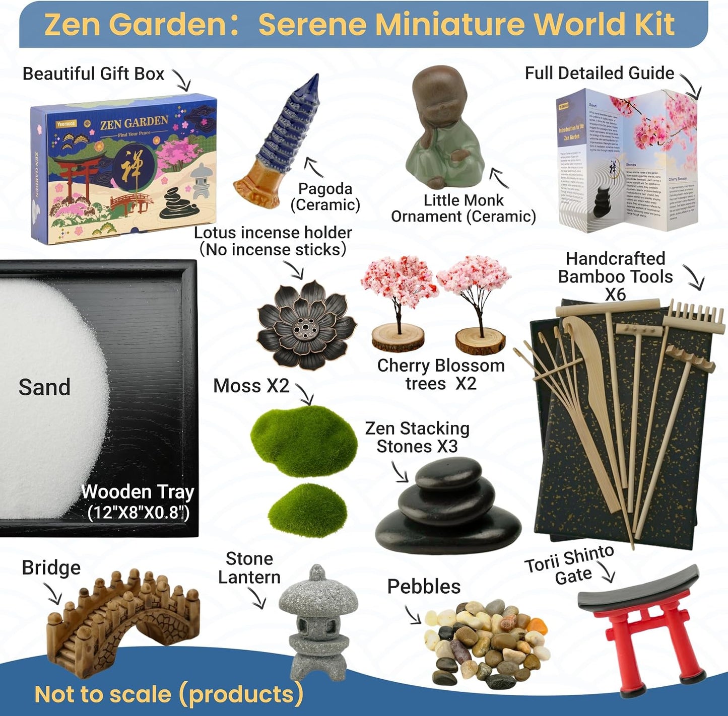 Yeemous Mini Zen Garden Kit for Desk, 12x8 Sand Tray with 16 Accessories