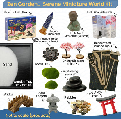 Yeemous Mini Zen Garden Kit for Desk, 12x8 Sand Tray with 16 Accessories
