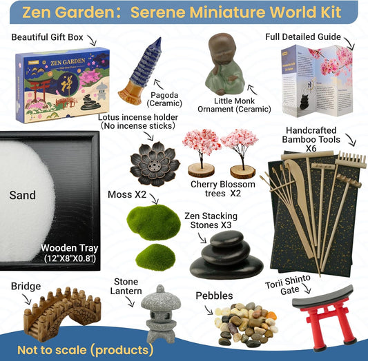 Yeemous Mini Zen Garden Kit for Desk, 12x8 Sand Tray with 16 Accessories