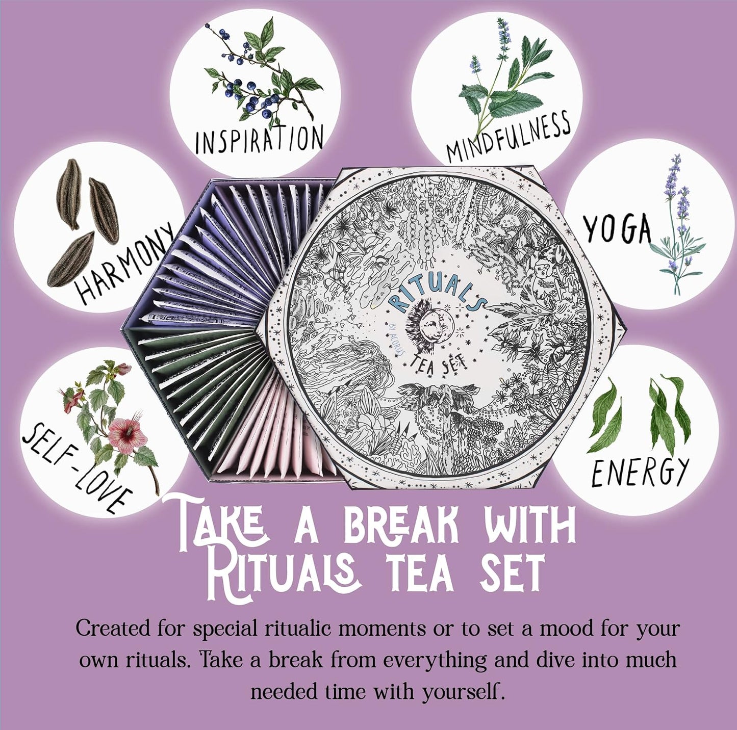 ACORUS Rituals Tea Set - Natural Fruit and Herbal Variety Pack, Tea Gift Set of 6 Different Teas, Sampler of 60 Bags Individually Wrapped