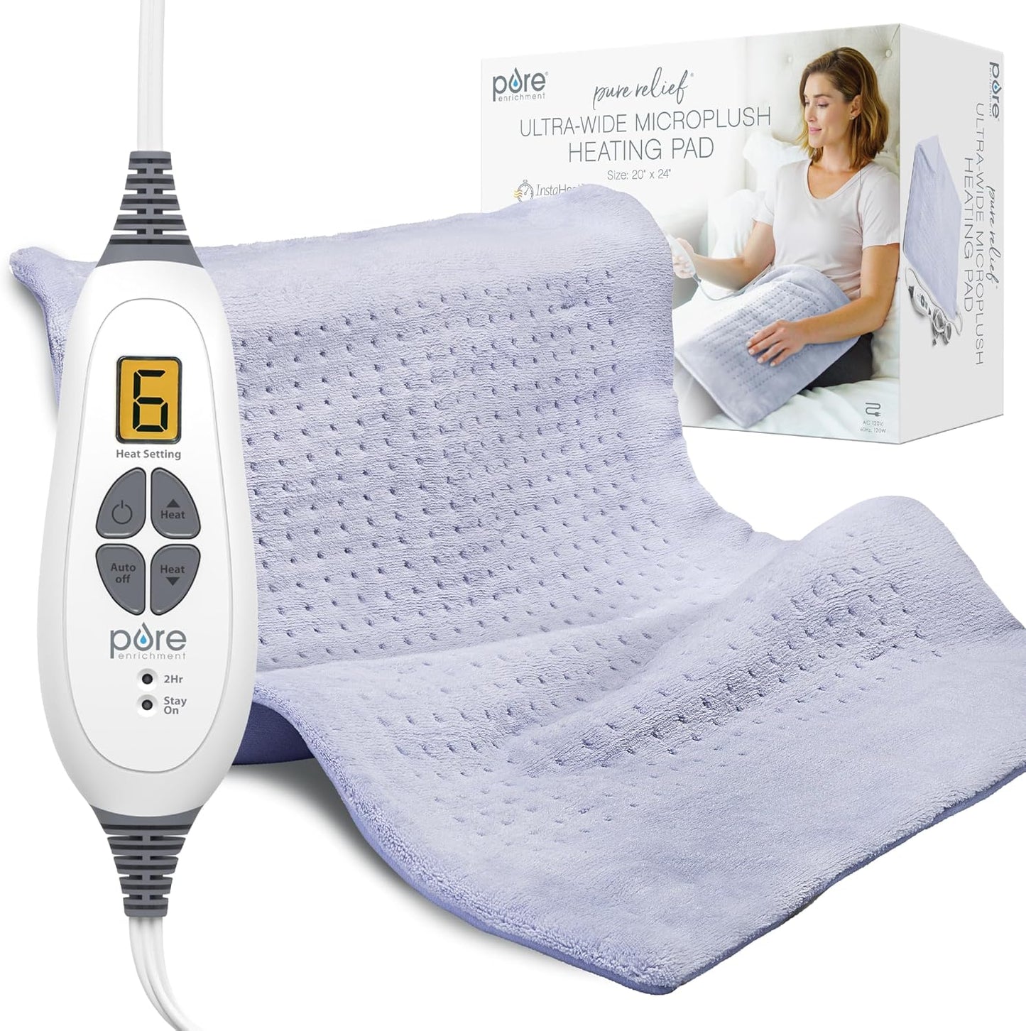 Pure Enrichment PureRelief Ultra-Wide Microplush Heating Pad - 20” x 24” XXL Size & 6 Heat Settings for Temporary Neck, Shoulder & Back Pain Relief - Moist Heat Option & Machine Washable (Gray)