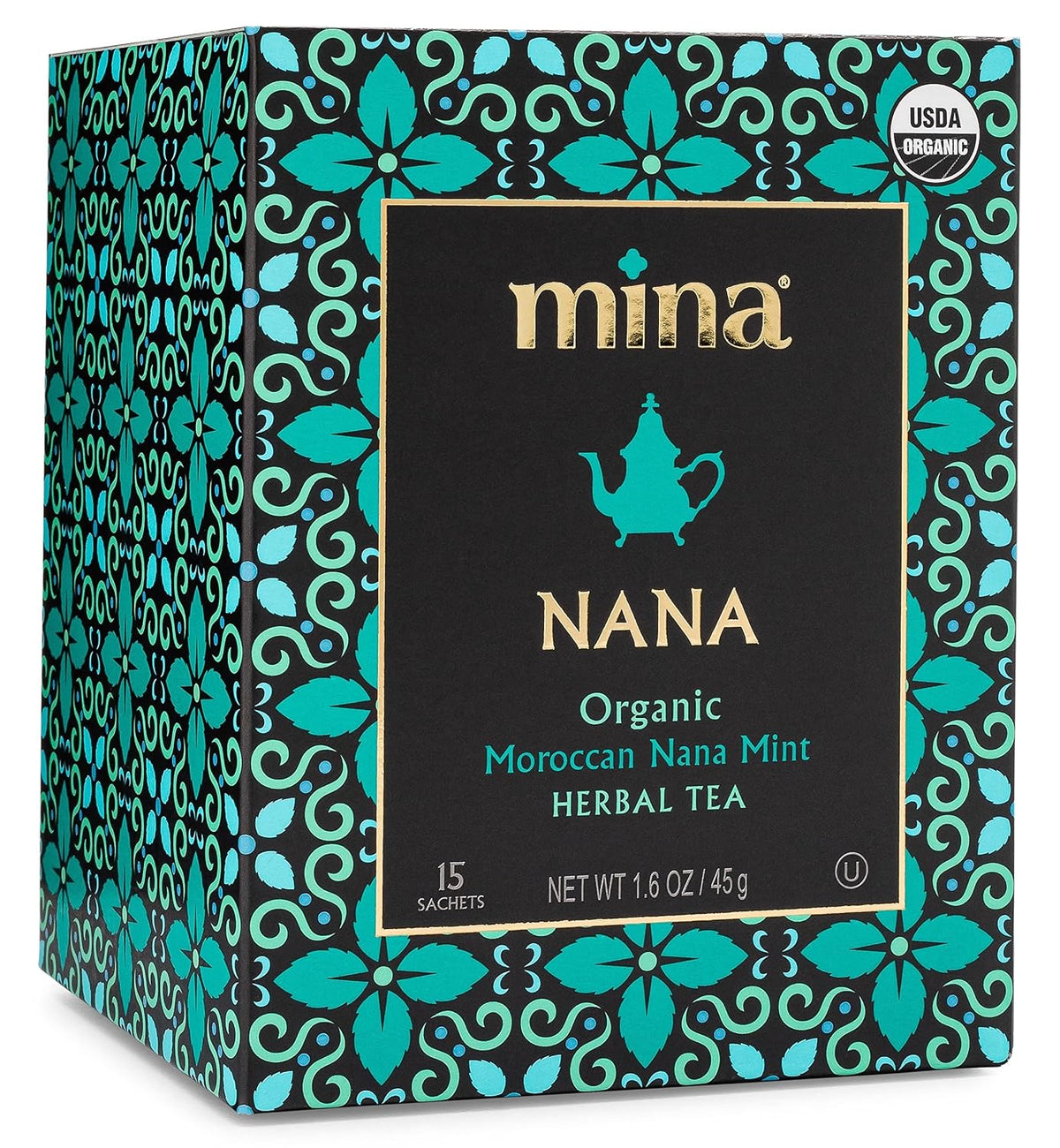 Mina Nana Organic Moroccan Mint Herbal Tea, 15 Biodegradable Sachets - Refreshing Moroccan Mint Tea Bags, Herbal Tea, Caffeine-Free Tea Bags