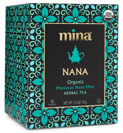Mina Nana Organic Moroccan Mint Herbal Tea, 15 Biodegradable Sachets - Refreshing Moroccan Mint Tea Bags, Herbal Tea, Caffeine-Free Tea Bags