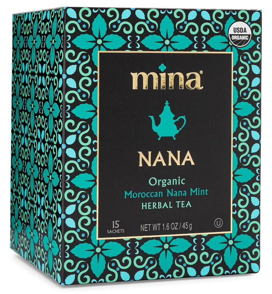 Mina Nana Organic Moroccan Mint Herbal Tea, 15 Biodegradable Sachets - Refreshing Moroccan Mint Tea Bags, Herbal Tea, Caffeine-Free Tea Bags