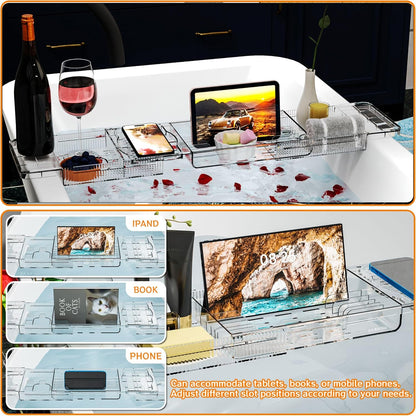 Yieach Luxury Clear Acrylic Bathtub Tray with Book Holder,Expandable Bath Tray for Tub and Bath Shelf Over Tub,Plastic Bath Table & Board,Bath Caddy Trays & Accessories for Women Relaxing Spa Gifts