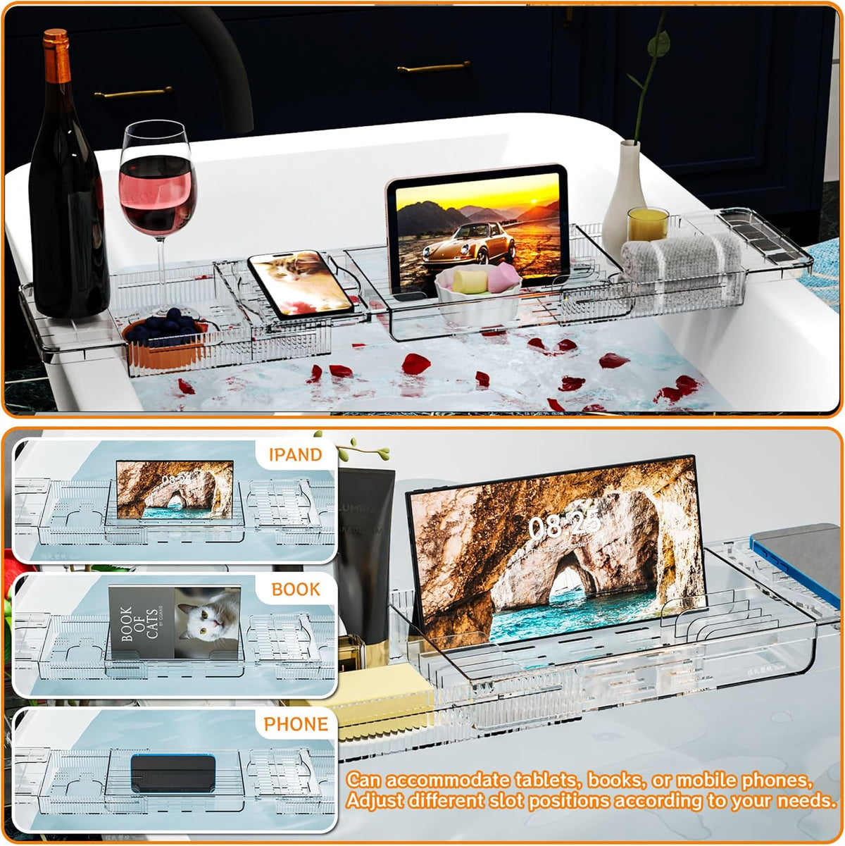 Yieach Luxury Clear Acrylic Bathtub Tray with Book Holder,Expandable Bath Tray for Tub and Bath Shelf Over Tub,Plastic Bath Table & Board,Bath Caddy Trays & Accessories for Women Relaxing Spa Gifts