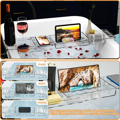 Yieach Luxury Clear Acrylic Bathtub Tray with Book Holder,Expandable Bath Tray for Tub and Bath Shelf Over Tub,Plastic Bath Table & Board,Bath Caddy Trays & Accessories for Women Relaxing Spa Gifts