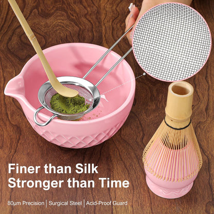 Matcha Whisk Set, 7 Pcs Matcha Kit, Ceramic Matcha Set Includes Matcha Bowl with Spout, Matcha Whisk and Holder, Bamboo Scoop, Scoop Rest, Sifter and Tea Towel (Ceramic White)