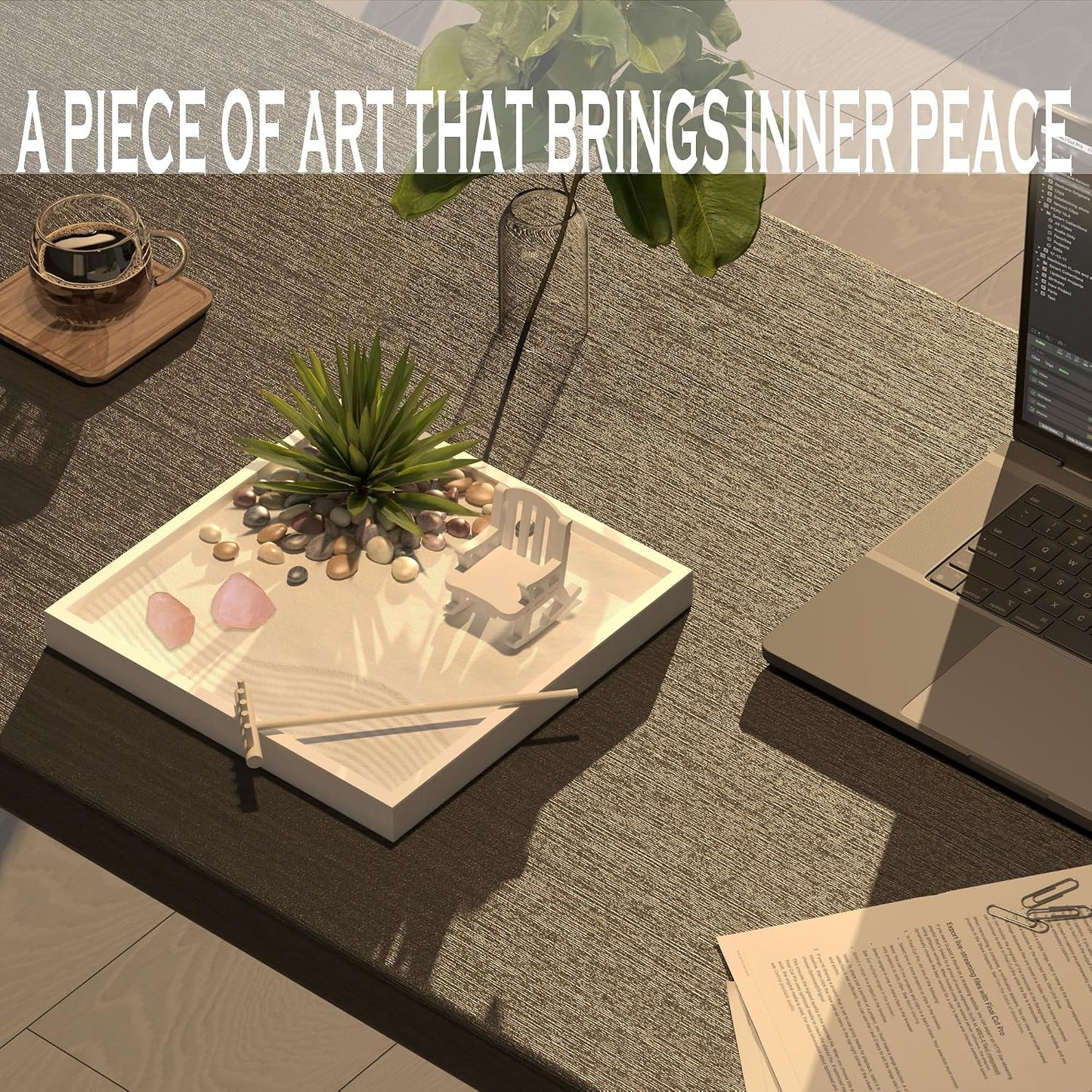 Zen Garden for Desk – White Modern Style with Healing Crystals and Sand Rake, Perfect for Home, Office, and Desktop Decor, Meditation and Stress Relief