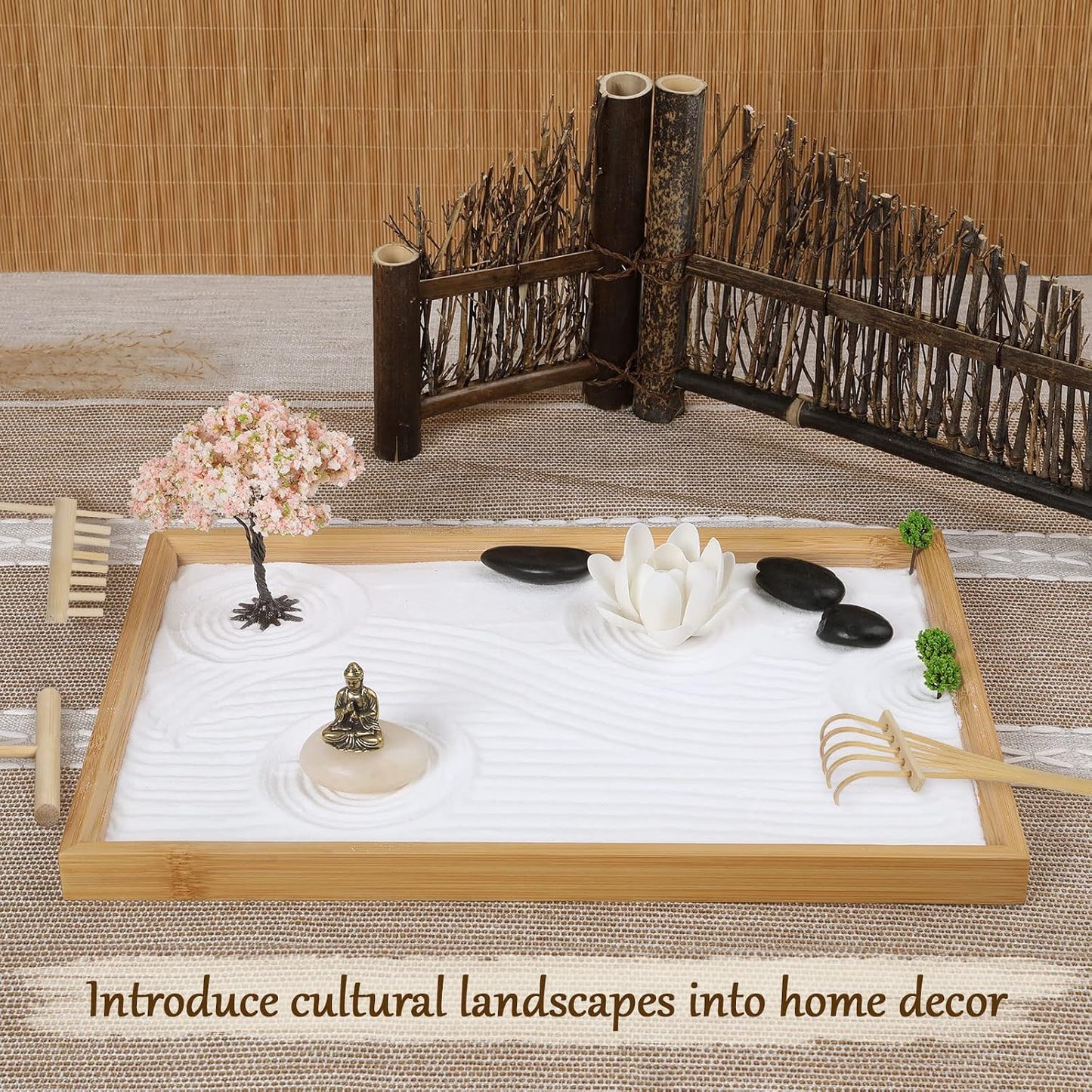 Mini Zen Garden for Desk Bodhi Tree and Buddha | Desktop Sand Tray Japanese Zen Garden Kit for Therapy Office Decor, Home Decor, Meditation Gifts