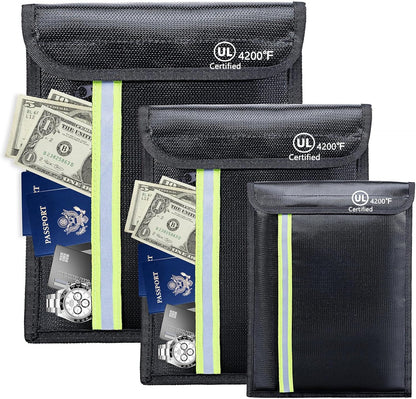 Fireproof Document Bag – 3 Pack (15" x 11", 13" x 9.7", 10.5" x 8") Fireproof & Water- proof Document Organizer | Document Holder with Zipper Secure for Cash, Passports, Check& More