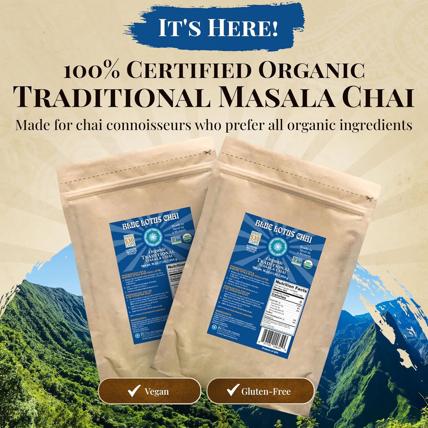 Blue Lotus Chai - Traditional Masala Chai - Makes 100 Cups - 3 Ounce Masala Spiced Chai Powder with Organic Spices - Instant Indian Tea No Steeping - No Gluten
