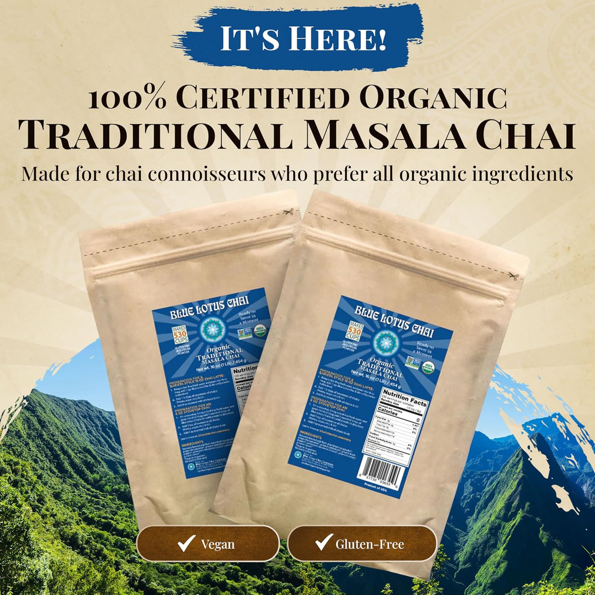 Blue Lotus Chai - Traditional Masala Chai - Makes 100 Cups - 3 Ounce Masala Spiced Chai Powder with Organic Spices - Instant Indian Tea No Steeping - No Gluten
