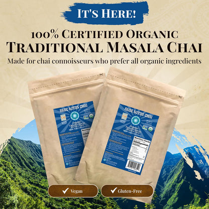 Blue Lotus Chai - Traditional Masala Chai - Makes 100 Cups - 3 Ounce Masala Spiced Chai Powder with Organic Spices - Instant Indian Tea No Steeping - No Gluten