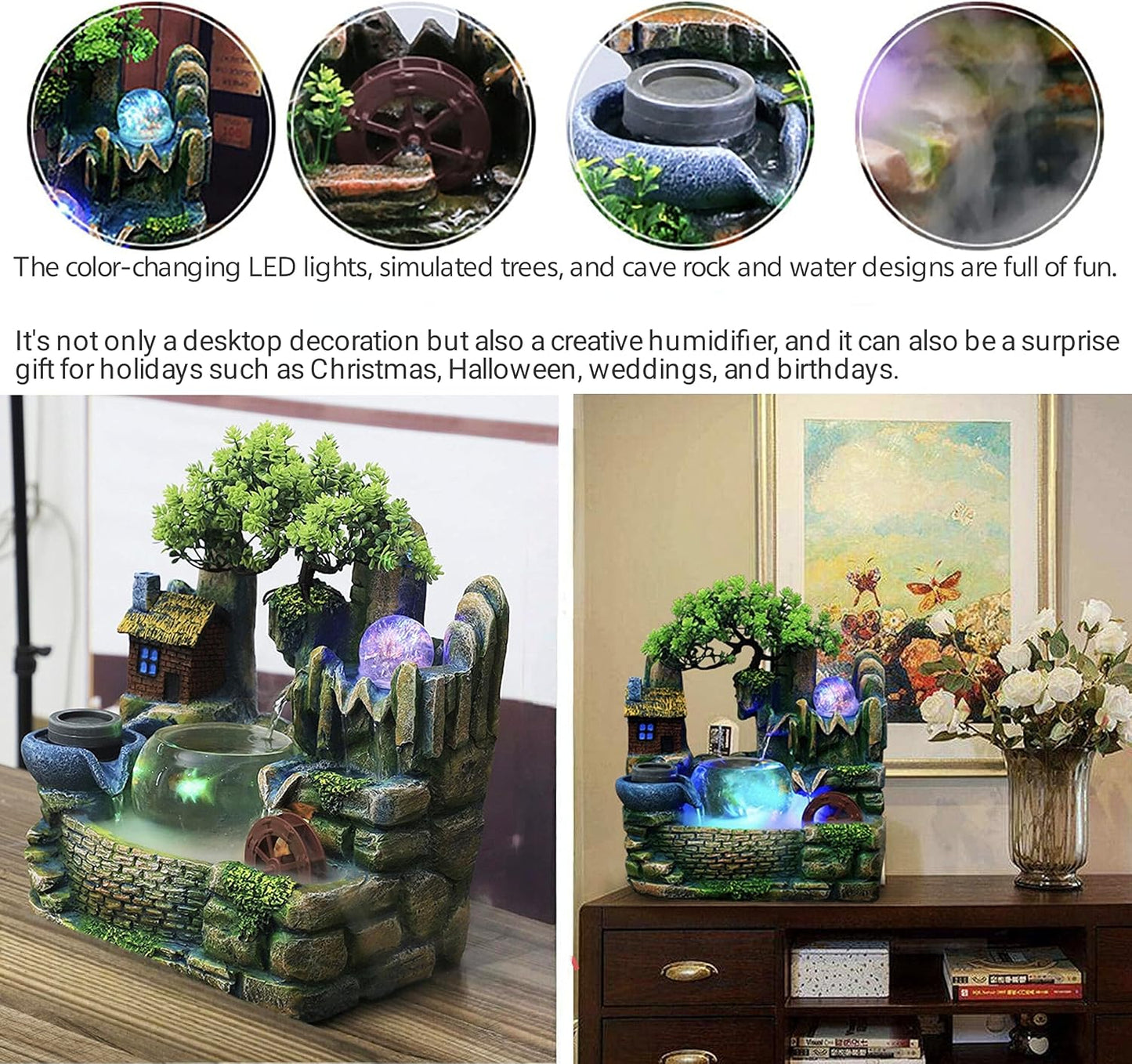 Mini Artificial Bonsai Tree Waterfall Fog Feature Rock Tabletop Fountain | 11in Desktop Decor Waterfall Fountain W/ Water Pump& Atomizer&LED Lights &Fake Tree Office Bedroom Relax