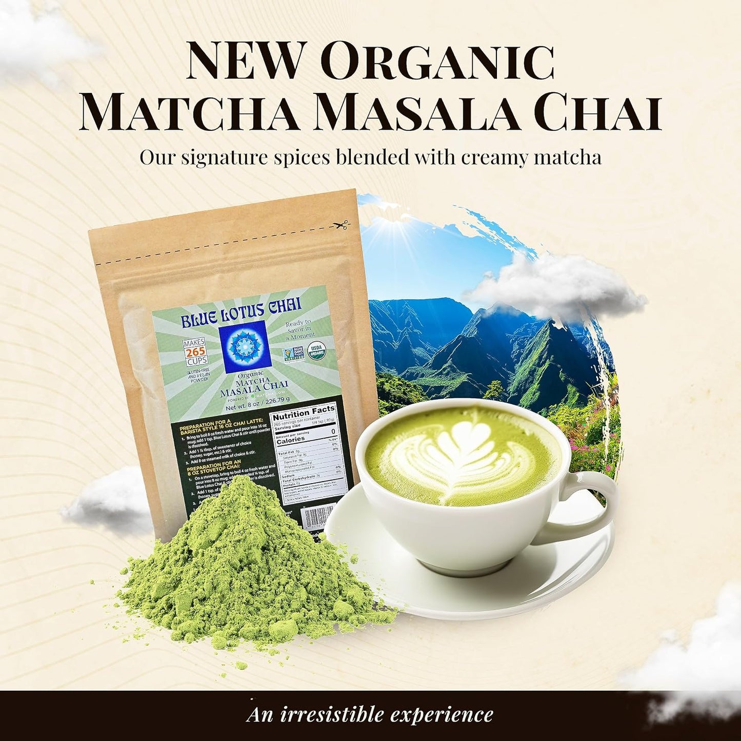 Blue Lotus Chai - Rooibos Flavor Masala Chai - Makes 65 Cups - 2 Ounce Masala Spiced Chai Powder with Organic Spices - Instant Indian Tea No Steeping - No Gluten
