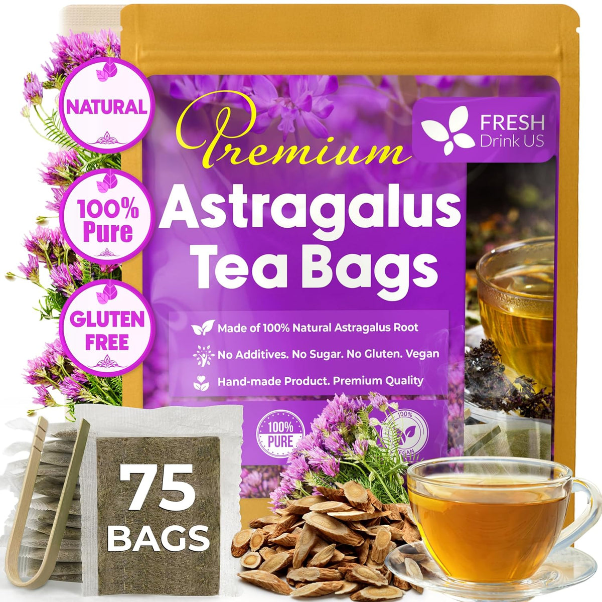 FreshDrinkUS, Premium Astragalus Root Tea, 75 Count, Pure, Caffeine Free